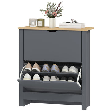 Shoe Storage Cabinet with 2 Flip Drawers and Adjustable Shelves for 12 Pairs of Shoes, Dark Grey
