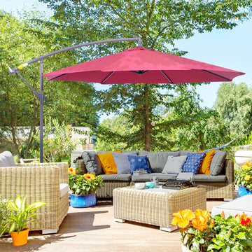 10' Deluxe Patio Umbrella, Outdoor Market Parasol, Banana Hanging Offset Sunshade with Crank, Cross Base, Wine Red