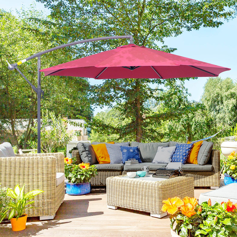10' Deluxe Patio Umbrella, Outdoor Market Parasol, Banana Hanging Offset Sunshade with Crank, Cross Base, Wine Red