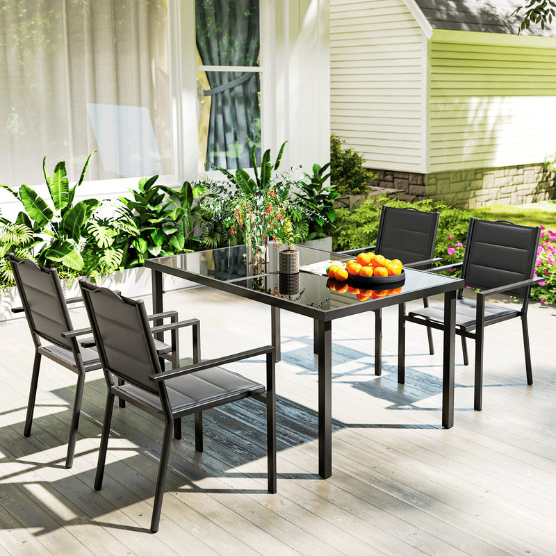 5 Piece Outdoor Dining Set w/ 4 Stackable Chairs, Rectangle Table, Tempered Glass Top, Steel Frame, Black