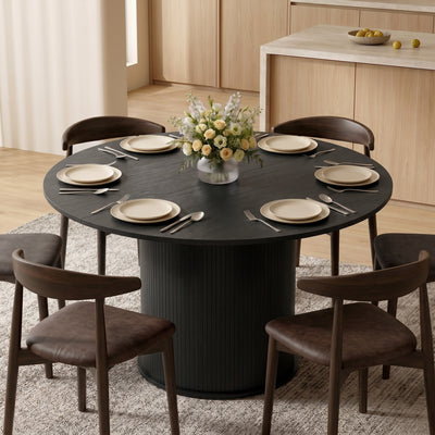 Round Dining Table for 4-6, 47 Inch Kitchen Table with Fluted Pedestal Base, for Kitchen Living Room Dining Room, Black, Black Wood Grain
