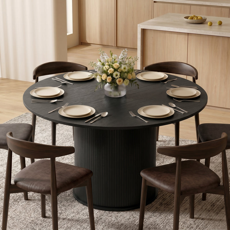 Round Dining Table for 4-6, 47 Inch Kitchen Table with Fluted Pedestal Base, for Kitchen Living Room Dining Room, Black, Black Wood Grain