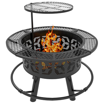 Wood Burning Fire Pit Charcoal BBQ Grill, Portable Firepit with Adjustable Grill Grate, Pan and Poker, 33