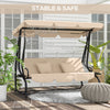 3-Seat Outdoor Patio Swing Chair, 2-in-1 Convertible Flat Bed, Canopy Swing with Adjustable Shade, Removable Cushions, Cup Holder, Light Brown