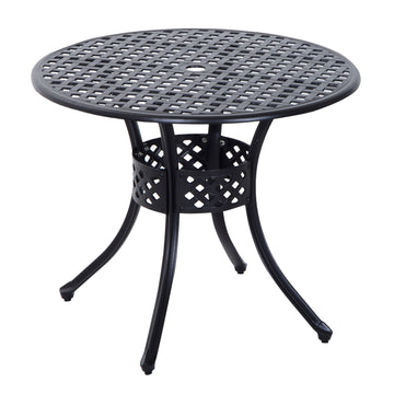 33-Inch Roud Patio Dining Table with Umbrella Hole, Cast Aluminum Garden Table, All Weather Patio Bisto Table, for Lawn, Garden, Outside, Black