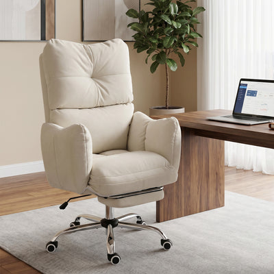 Office Chair with Foot Rest, Ergonomic Reclining Computer Gaming Chair w/ Snow Flannel Fabric, Thick Cushion, Cream White