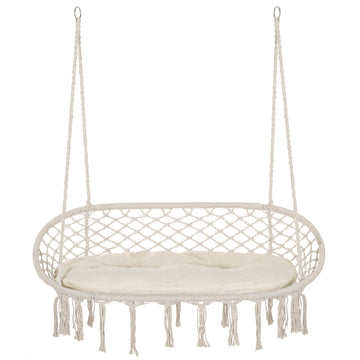 Patio Hammock Chair 2 Seat, Hanging Rope Hammock Swing Chair with Metal Frame and Cushion, Large Macrame Seat for Indoor and Outdoor 396 lbs Capacity, Cream White