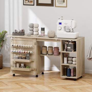 Sewing Machine Table with Drop Leaf, Folding Craft Table Rattan Door and Storage Shelves for Small Spaces, Natural