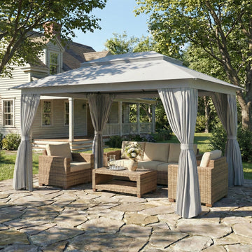 10' x 13' Patio Gazebo, UPF50+ Double Roof Outdoor Gazebo Canopy with Netting and Curtains, Steel Frame