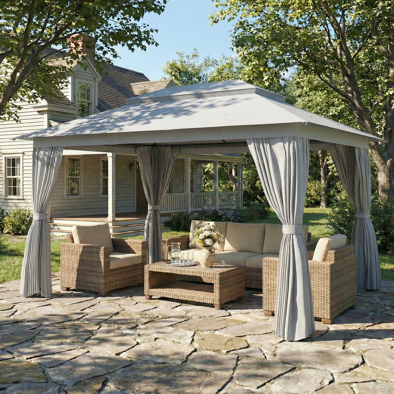 10' x 13' Patio Gazebo, UPF50+ Double Roof Outdoor Gazebo Canopy with Netting and Curtains, Steel Frame