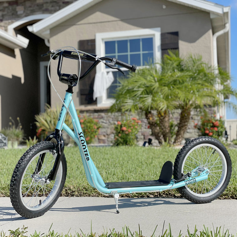 Aosom Kids Kick Scooter for 5+ Year Old, Kids Ride on Toy w/ 16'' Inflatable Wheel Dual Brakes, Blue