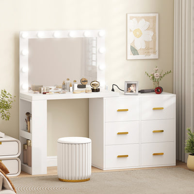Vanity Desk with Mirror and 12 LED Lights, Makeup Table w/ Power Outlet, 3 Light Colour, 6 Drawers and 2 Shelves, White