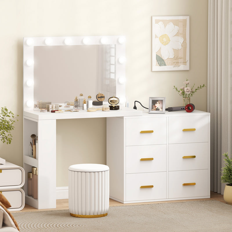 Vanity Desk with Mirror and 12 LED Lights, Makeup Table w/ Power Outlet, 3 Light Colour, 6 Drawers and 2 Shelves, White