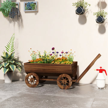 Wooden Wagon Planter Box, Mobile Garden Planter with 4 Wheels, Small Wheelbarrow Wagon Flower Cart with Drainage Holes