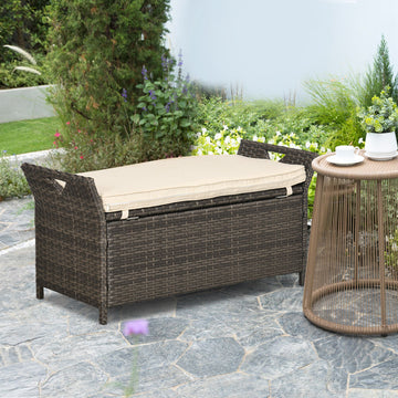 2-In-1 Outdoor PE Rattan Storage Bench, 29 Gallon Patio Wicker Furniture, Basket Box with Handles and Cushion Cream