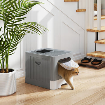 Cat Litter Box with Lid, Slide-Out Drawer, Scoop, Easy Clean, Odour Control, Anti-Splashing, Grey