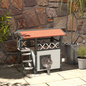 Wooden 2-Story Shelter for Feral Cats with Asphalt Roof, Stairs, Balcony, 30
