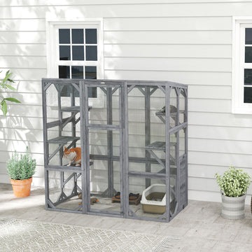 Outdoor Cat Enclosure with 6 Jumping Platforms, Weatherproof Roof, Large Front Door for 1-3 Cats, 59