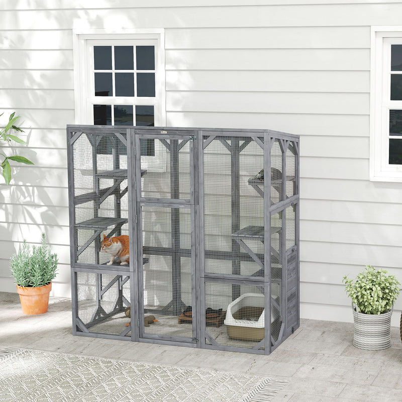 Outdoor Cat Enclosure with 6 Jumping Platforms, Weatherproof Roof, Large Front Door for 1-3 Cats, 59