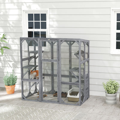 Outdoor Cat Enclosure with 6 Jumping Platforms, Weatherproof Roof, Large Front Door for 1-3 Cats, 59