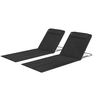 2 Pieces Beach Lounge Chair, Outdoor Folding Chaise Lounge Set w/ Pillow for Sunbath, Snap, Black
