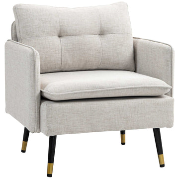 Accent Chair, Upholstered Armchair with Tufted Back Cushion and Steel Legs for Living Room, Bedroom, Cream White