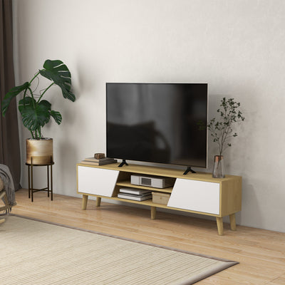 TV Stand for 65 Inch Television, Entertainment Center with Soft Closing Door and Rubberwood Legs, Oak and White