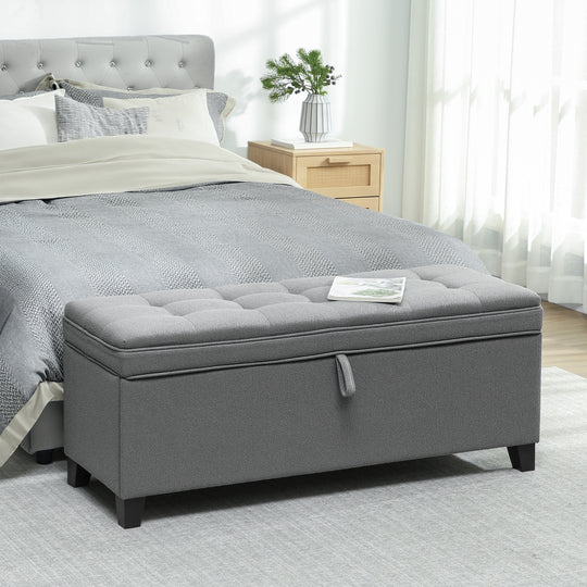 Storage Ottoman Bench, Foot Rest with Safety Hinges, 47 Inches Linen Storage Chest for Living Room, Dark Grey
