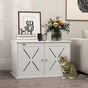 Hidden Cat Litter Box Enclosure with Double Doors, Hole, Pet House Side End Table, 31.5