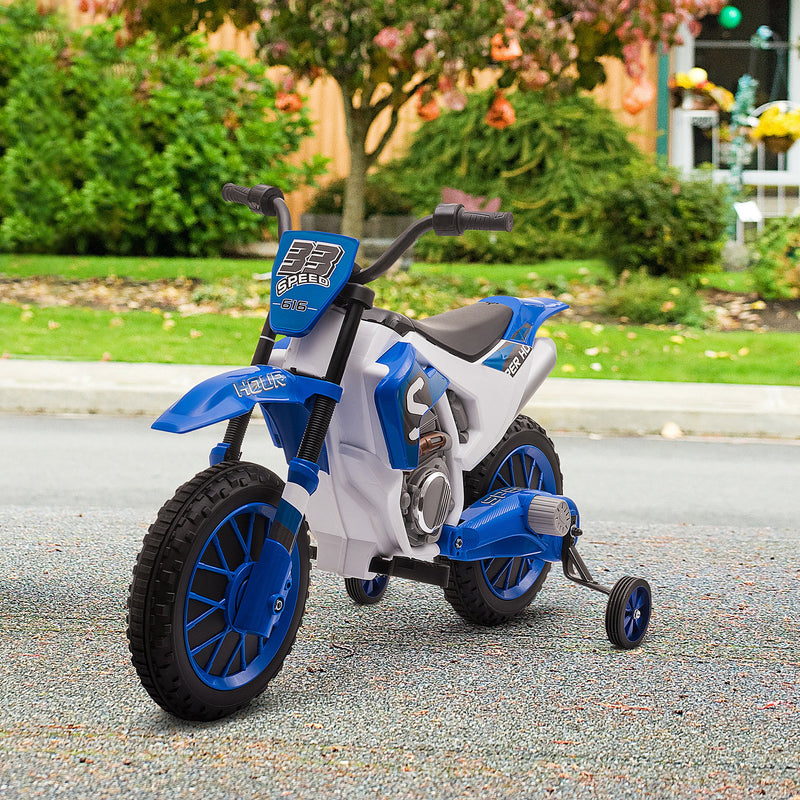 Kids Dirt Bike Battery-Powered Ride-On Electric Motorcycle with Charging 12V Battery, Training Wheels Blue