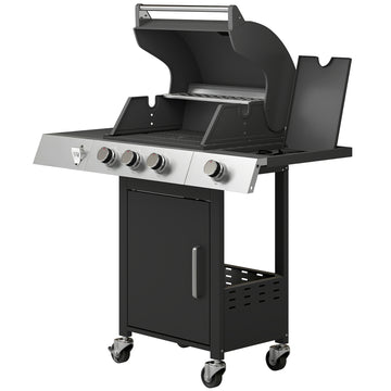3 Burner Propane Gas Grill with Side Burner, 36,000 BTU BBQ Grill with Cast Iron Grates, Wheels, Warming Rack, Cabinet