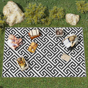 Reversible Outdoor RV Rug, Patio Floor Mat, 6' x 9' Plastic Straw Rug for Backyard, Deck, Beach, Camping, Black & White