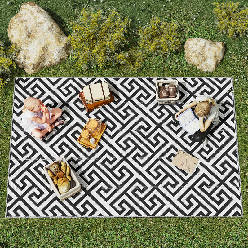 Reversible Outdoor RV Rug, Patio Floor Mat, 6' x 9' Plastic Straw Rug for Backyard, Deck, Beach, Camping, Black & White
