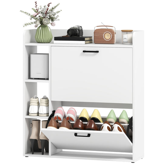 Shoe Cabinet with 2 Flip Drawers, 3 Side Compartments, Adjustable Shelves, 8-12 Pairs for Entryway Hallway, White