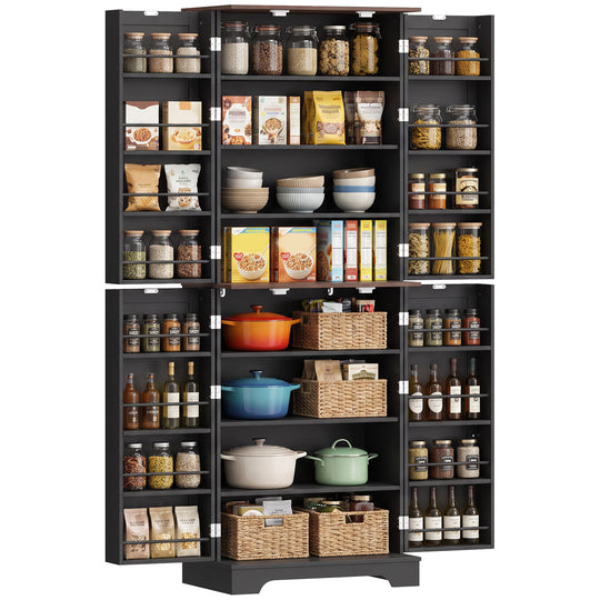 166 cm Kitchen Pantry Cabinet Adjustable Shelves Tall Storage Cabinet Door Shelves 8 Shelves Brown Black