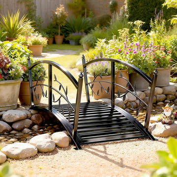 4 FT Metal Garden Bridge with Safety Railings, Outdoor Pond Bridge, Arch Decorative Footbridge for Creek Stream