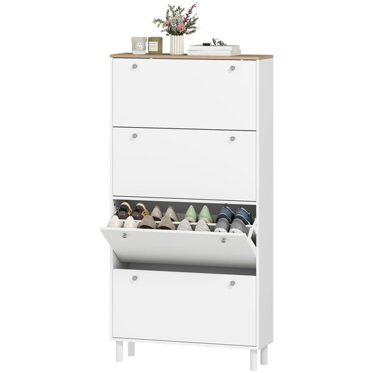 Narrow Shoe Cabinet with 4 Flip Drawers, Shoe Storage Cabinet with Adjustable Shelves, Holds 24–32 Pairs, White