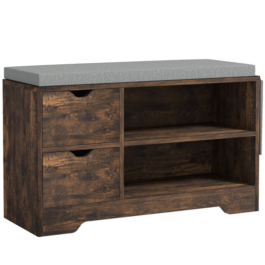 Upholstered Shoe Storage Bench w/ Seat, Entrance Bench w/ Drawer Open Shelves and Pocket for Hallway, Rustic Brown