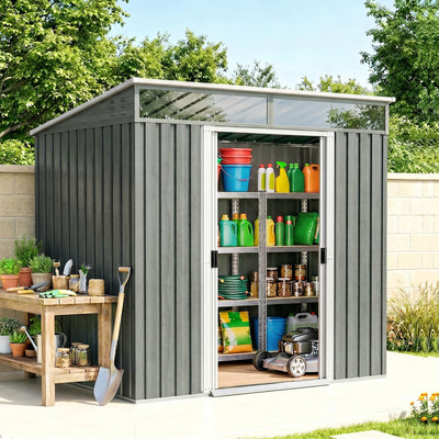 6.5x4FT Galvanised Metal Shed with Foundation Kit, Lockable Garden Tool Storage House with Sliding Doors, Vents, Light Grey