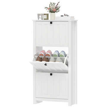 Slim Shoe Cabinet with 3 Flip Drawers, Shoe Storage Cabinet with Adjustable Shelves for Entryway, Holds 12 Pairs, White
