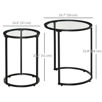 Set of 2 Nesting Coffee Tables with Metal Base, Round Side Table with Tempered Glass Tabletop for Living Room, Bedroom, Black