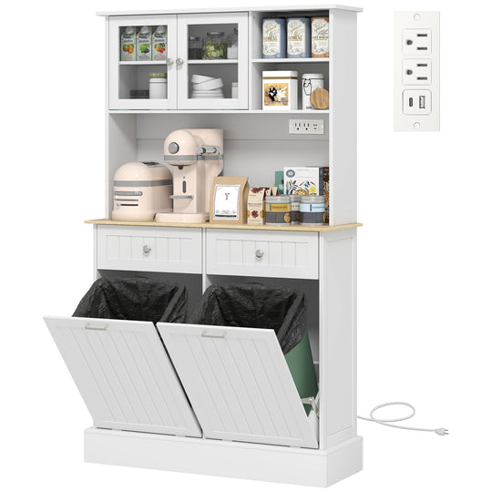 Kitchen Cabinet with Charging Station, 2 Tilt Out Cabinets, Microwave Stand, Freestanding Kitchen Pantry Cabinet, White