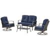 4 Pcs Wicker Sofa Set with 2 Swivel Chairs Patio Furniture Set w/ Two Tier Tea Table & Cushions, Navy Blue
