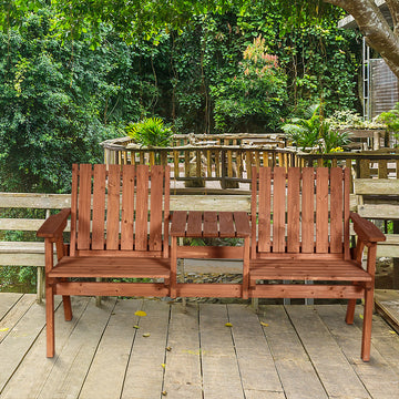 Garden Bench for 2 Persons with Middle Table and Umbrella Hole, 2-Seater Outdoor Wooden Bench with Slat Design, Orange