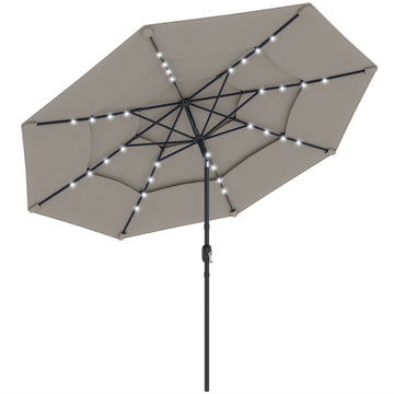 9.3 ft Patio Umbrella with Solar LED Lights, Cover, 3 Tier Outdoor Market Table Parasol with Tilt, Crank, Khaki
