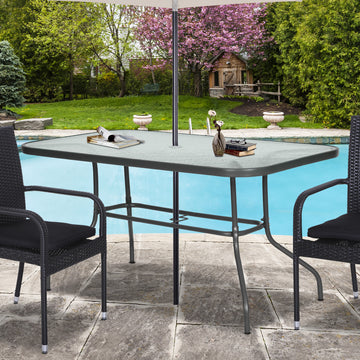 Metal Garden Dining Table with Umbrella Hole, Outdoor Patio Table with Tempered Glass Top, 55