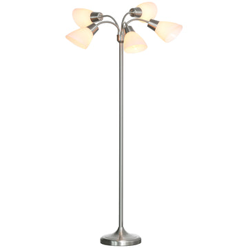 Arc Tree Floor Lamp with 5 Adjustable Rotating Lights, Modern Standing Gooseneck Reading Light for Living Room Bedroom Office, Satin Nickel