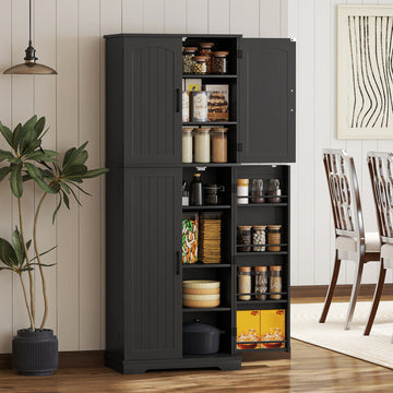 Garde-manger haut, armoire de rangement de 64 po avec étagères réglables et 8 porte-épices pour cuisine, salle à manger, noir