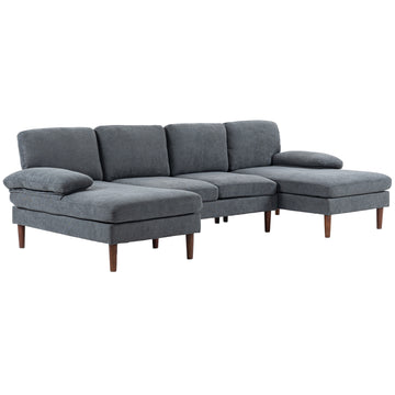 U Shape Couch with Double Chaise Lounge, Modern 4 Seater Sofa with Wooden Legs, Fabric Sofa for Living Room