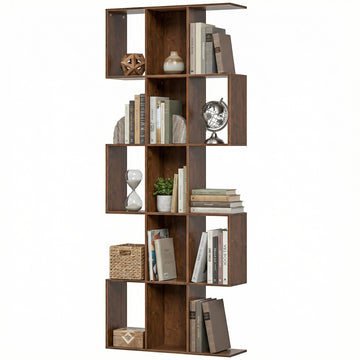 5-Tier Bookshelf, S Shaped Geometric Bookcase with 15 Compartments, Black Wood Grain